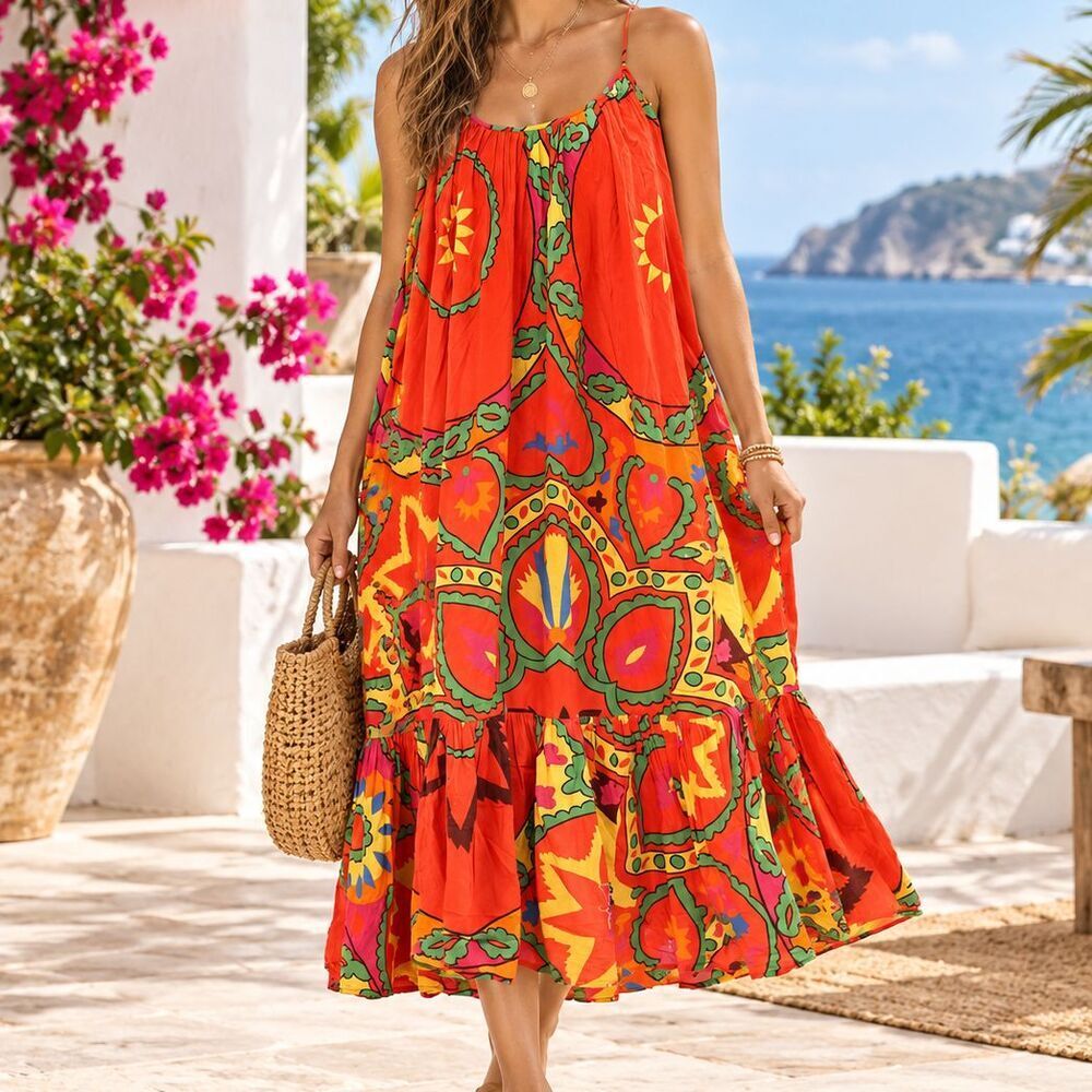 Rhode Lea Uzbek  Printed Midi Dress Tiered Ruffle Sleeveless Cotton S 291470